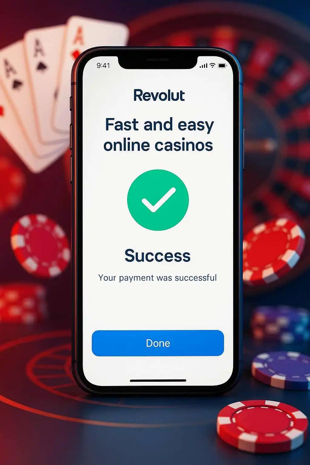 Smartphone with the Revolut app showcasing a fast and convenient transaction for a Revolut casino, set against a background of stylized gaming elements.